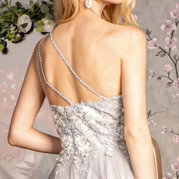 NEW LONG A-LINE SLEEVELESS MESH BEADED DRESS WITH ONE SHOULDER NECKLINE GL3384